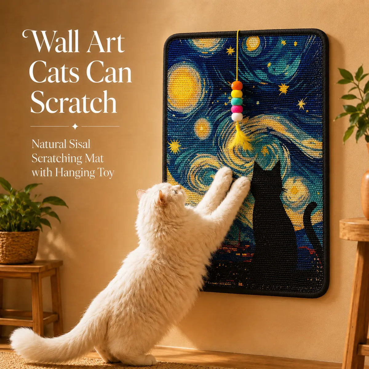 Wall Art Natural Sisal Cat Scratcher Mat with Toy