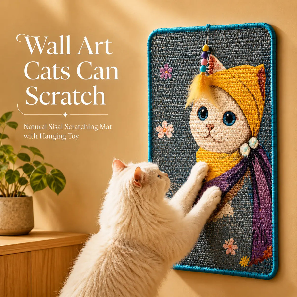 Wall Art Natural Sisal Cat Scratcher Mat with Toy