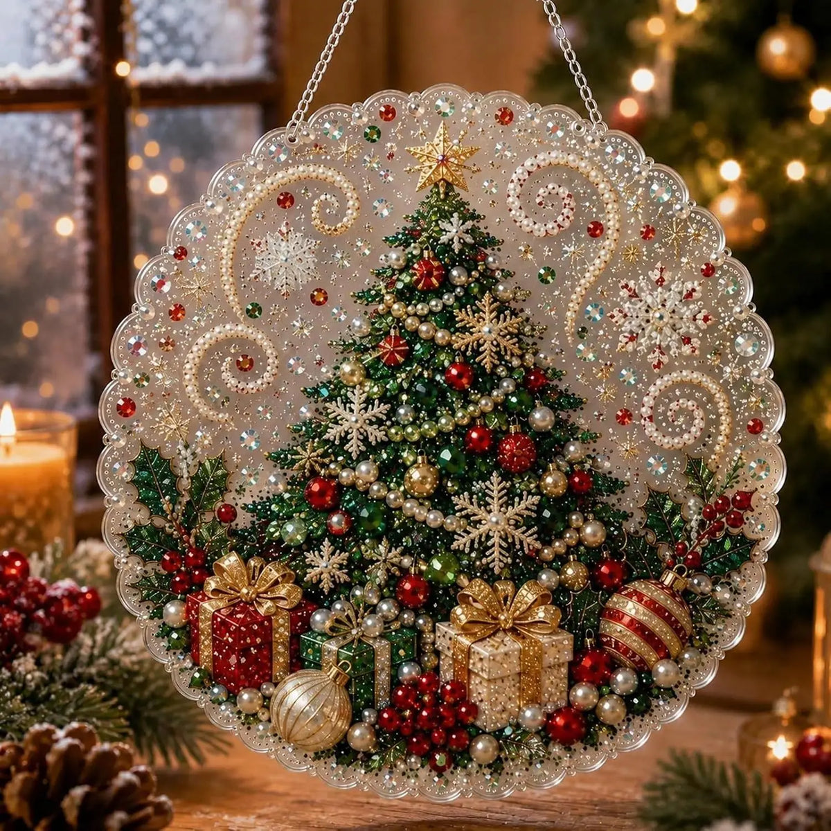 Christmas Pearl Diamond Painting Suncatcher Kit – 8" DIY Holiday Decor