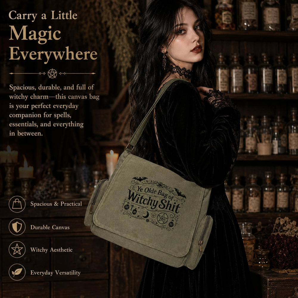 Vintage Witchy Canvas Crossbody Bag – Large Capacity