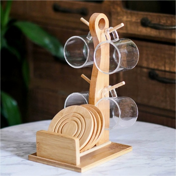Ceramic Coffee Cup Set with Wooden Stand & Coasters
