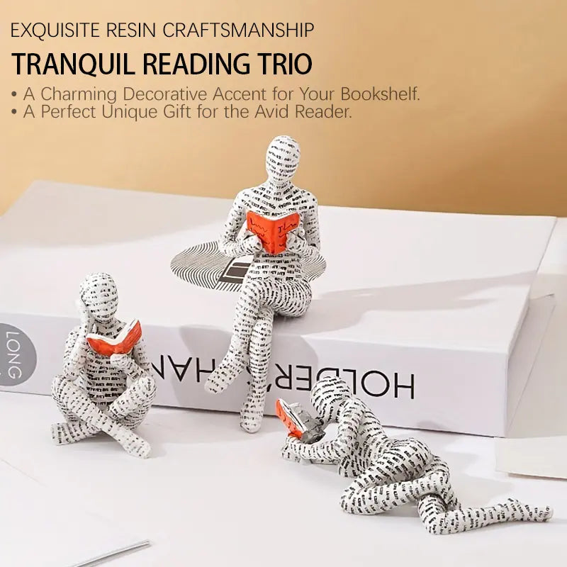 Set of 3 Resin Reading Figurines for Shelf, Living Room, Office & Home Decor