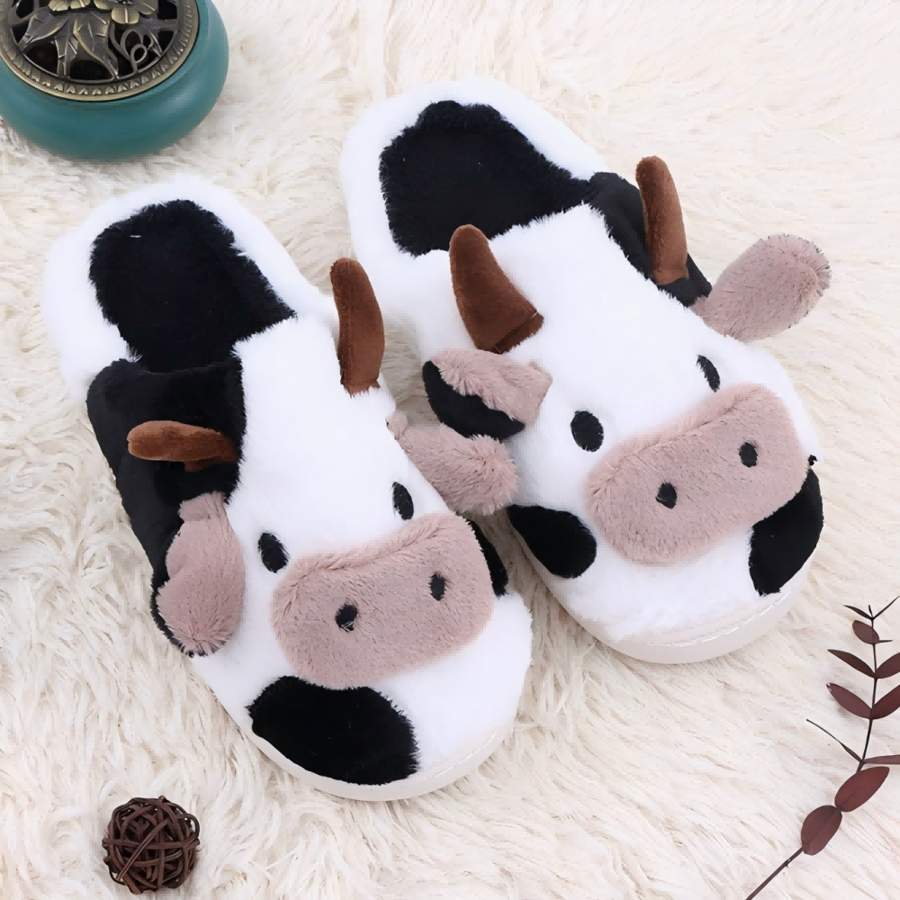 Fuzzy Cow Slippers – Cozy Plush Animal House Shoes