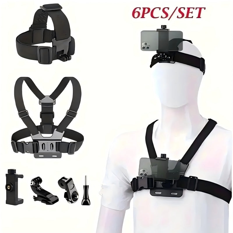 6-Piece Action Camera & Phone Mount Kit – Head & Chest Strap