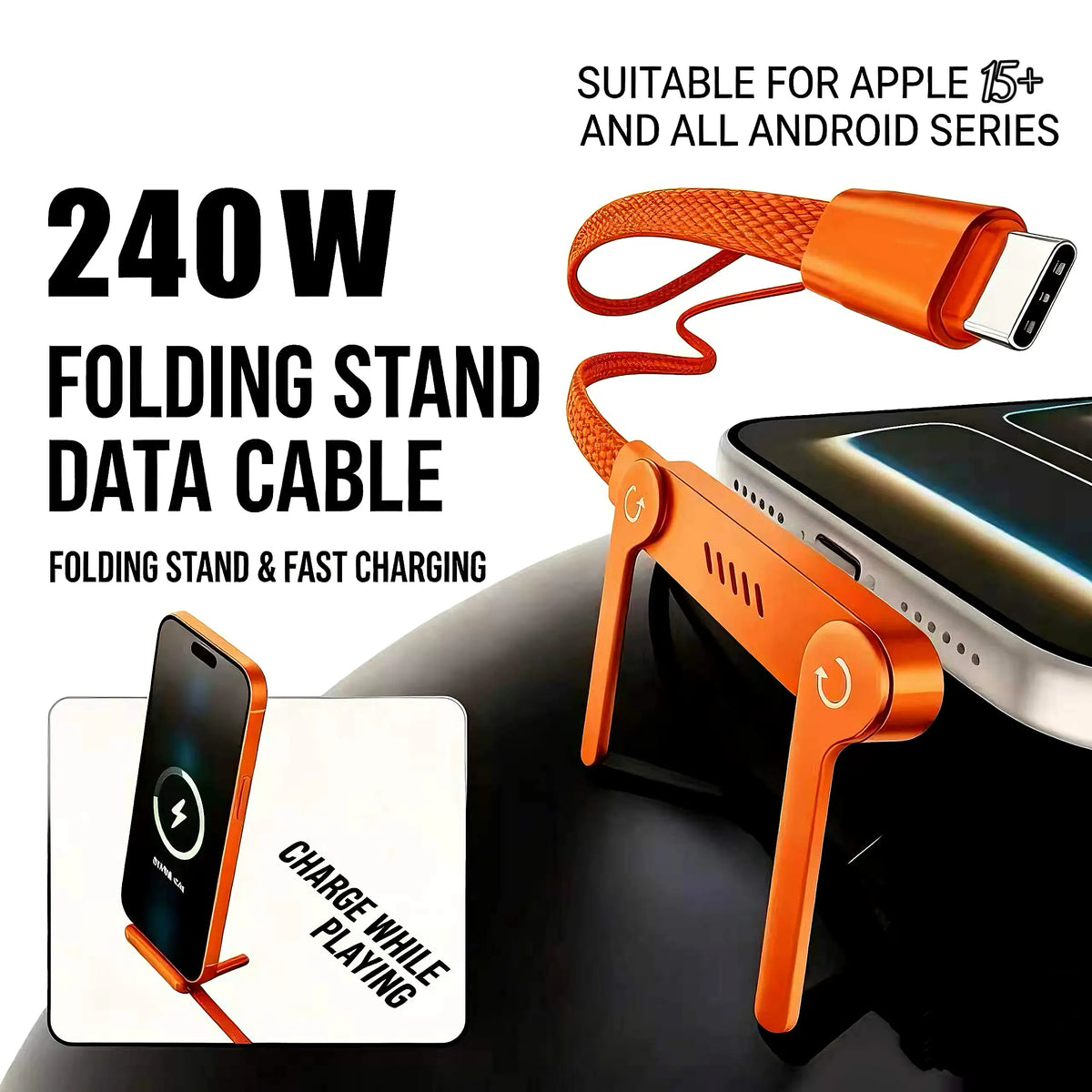 240W 2-in-1 USB-C Fast Charging Cable with Foldable Phone Stand
