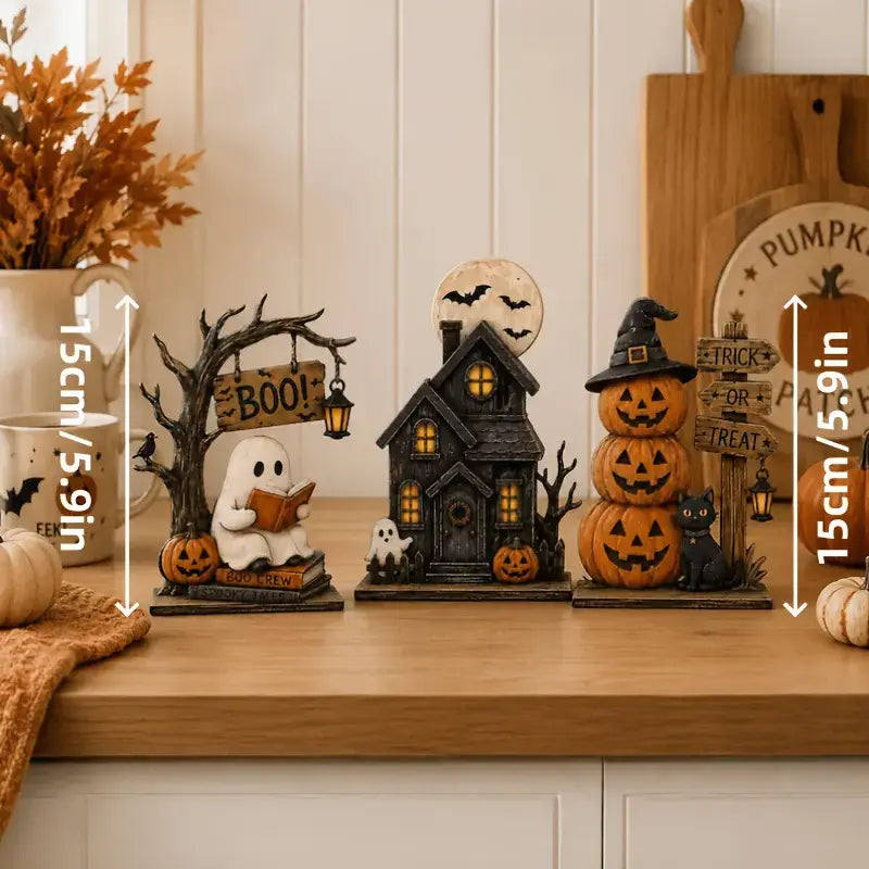 3-Piece Halloween Tabletop Decor Set – Ghost, Haunted House & Pumpkins