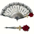 Gothic Lace Folding Hand Fan with Rose