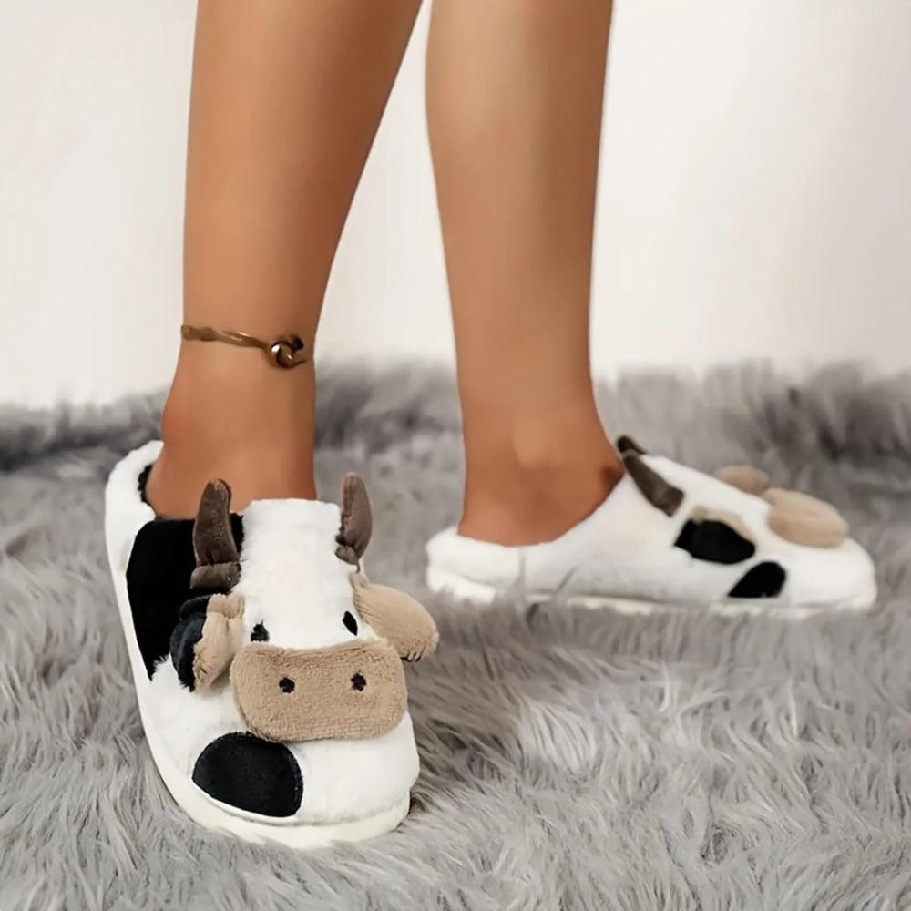 Fuzzy Cow Slippers – Cozy Plush Animal House Shoes