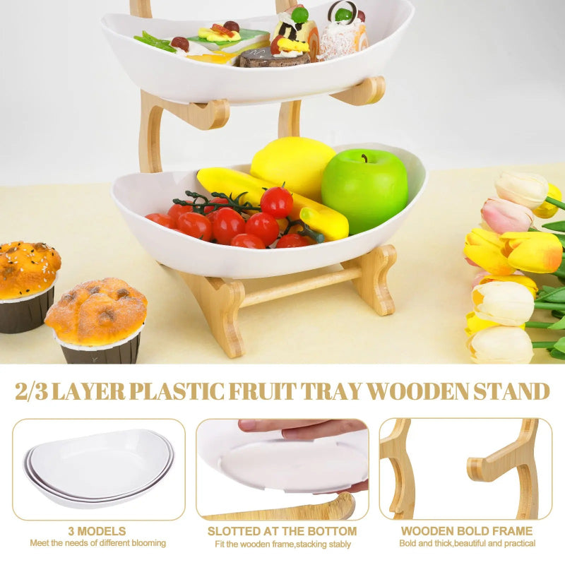 2/3-Tier Bamboo Fruit & Snack Stand with PP Trays