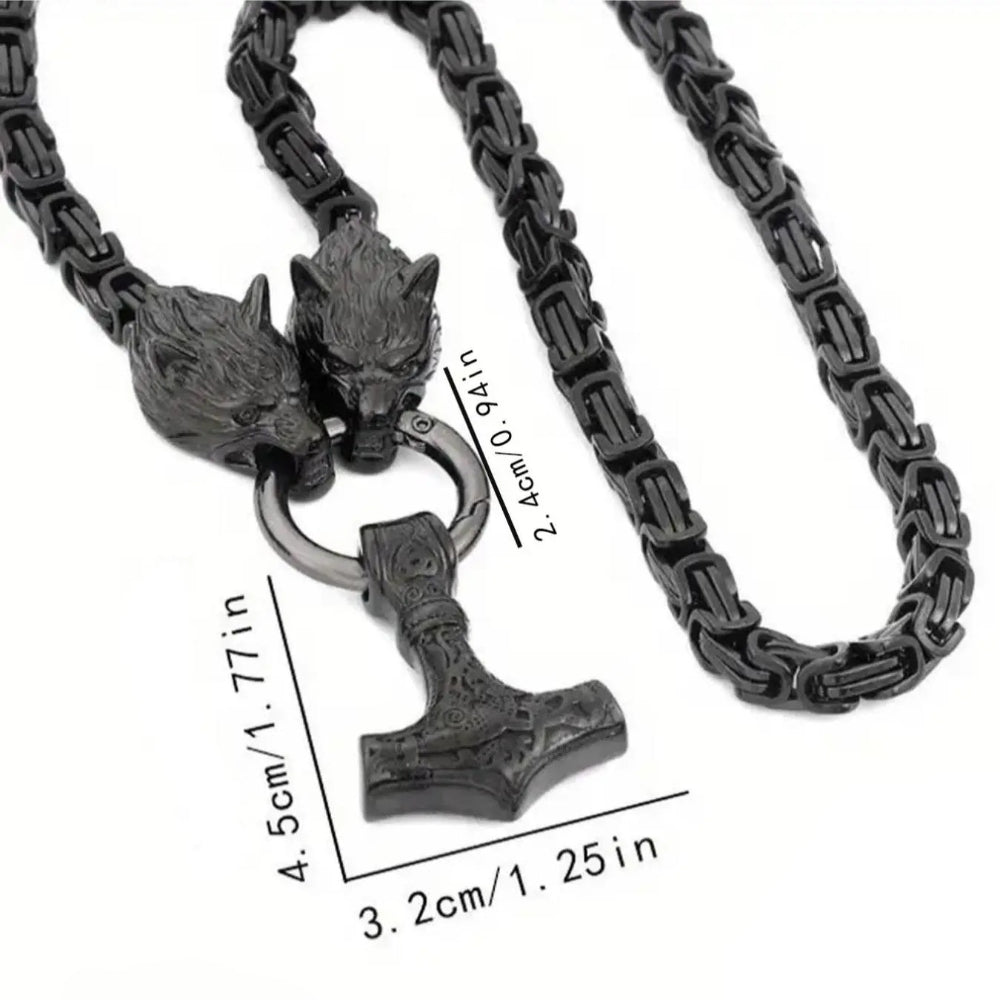 Viking Wolf Head Mjölnir Pendant Necklace – Stainless Steel Chain