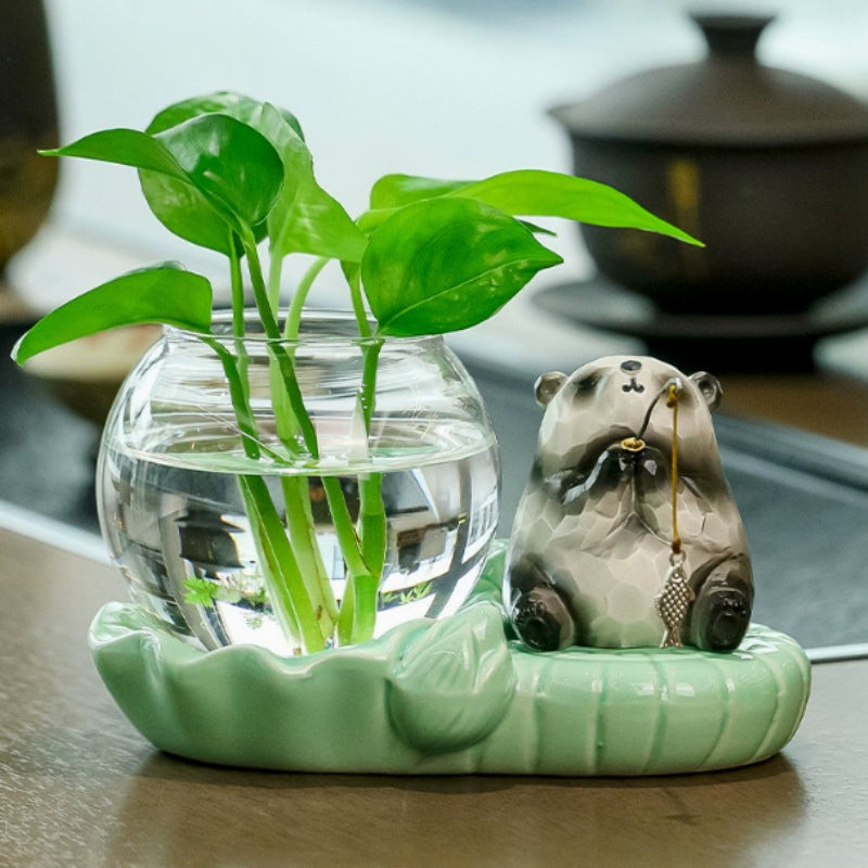 Cute Ceramic Hydroponic Planter with Fishing Animal Figurine
