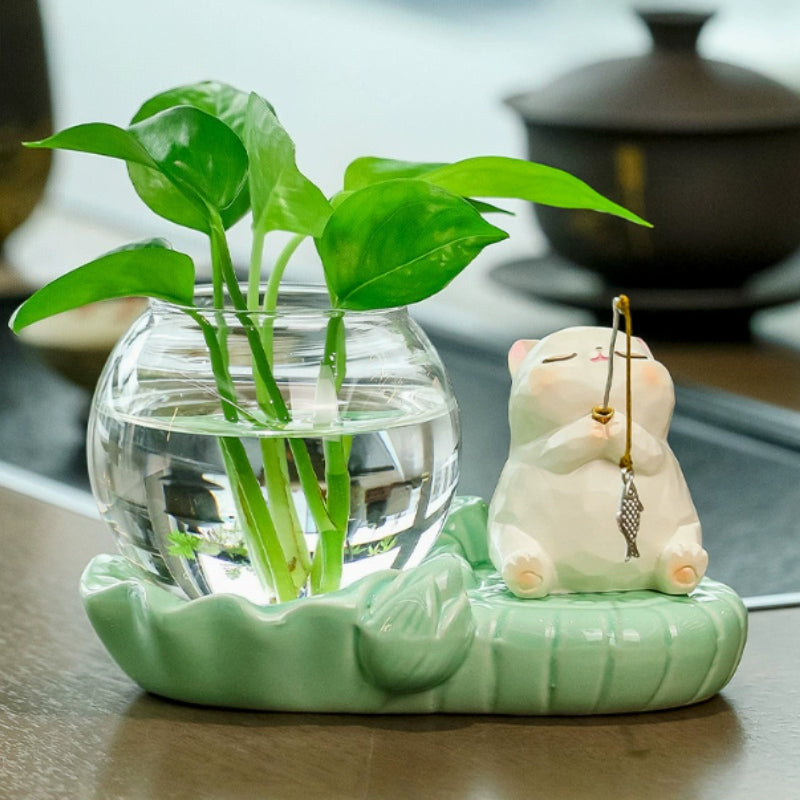 Cute Ceramic Hydroponic Planter with Fishing Animal Figurine