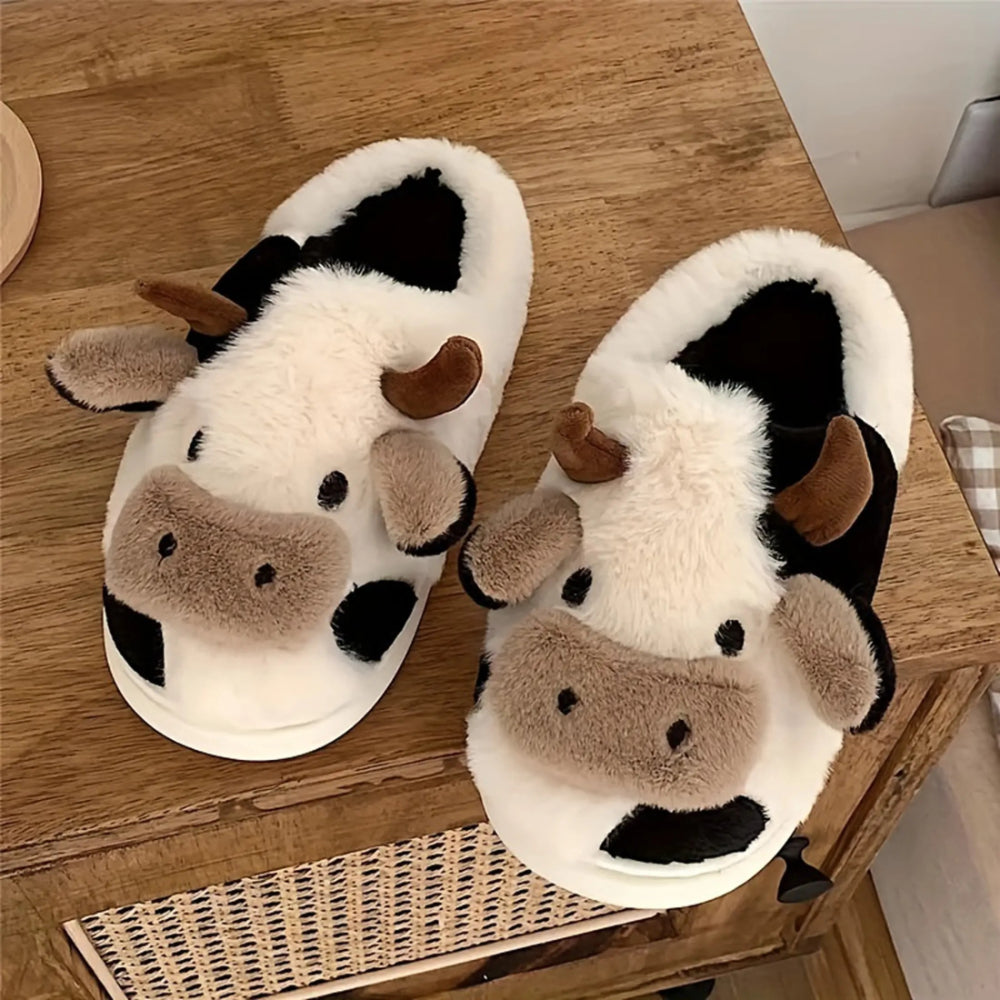 Fuzzy Cow Slippers – Cozy Plush Animal House Shoes