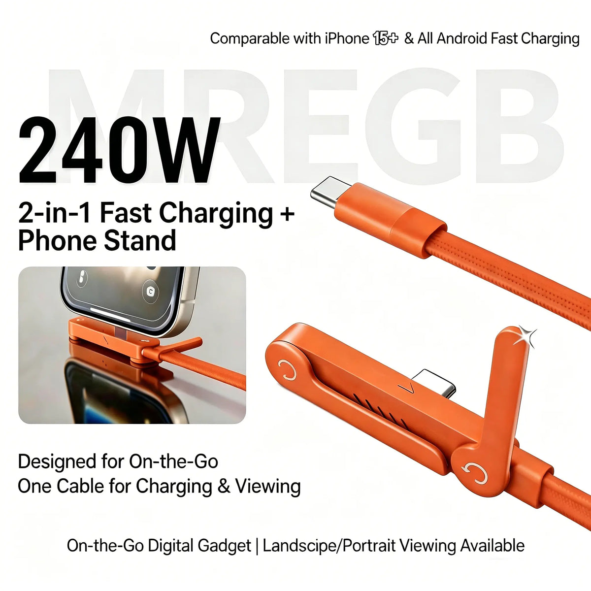 240W 2-in-1 USB-C Fast Charging Cable with Foldable Phone Stand