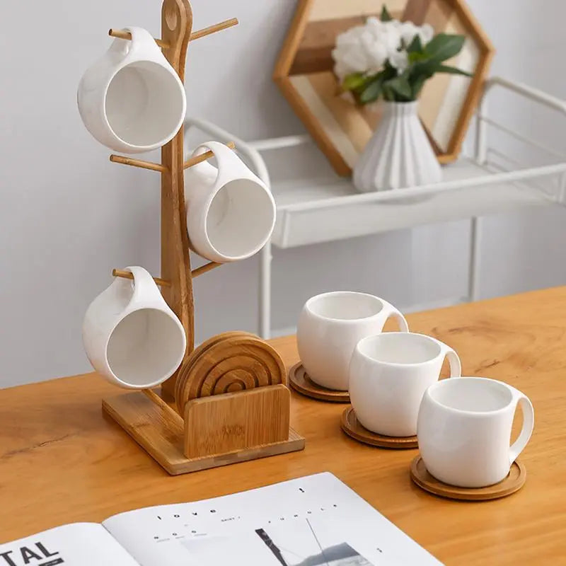 Ceramic Coffee Cup Set with Wooden Stand & Coasters