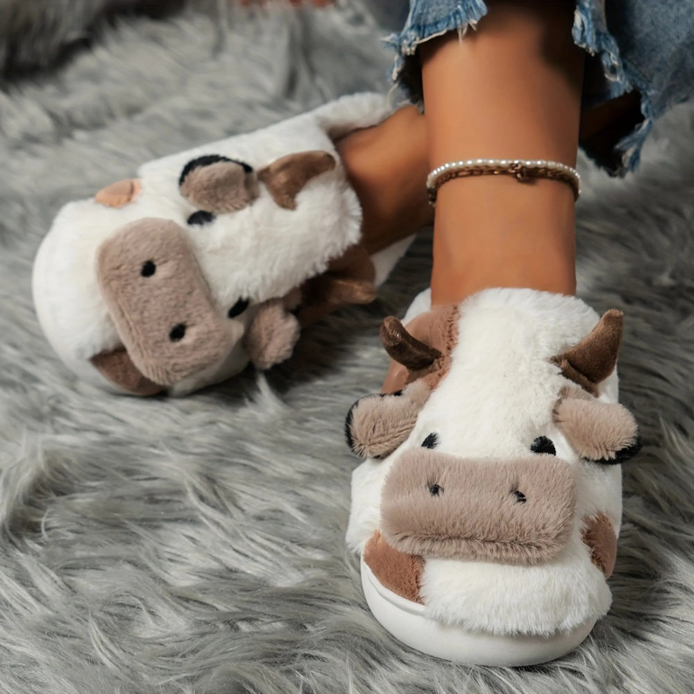 Fuzzy Cow Slippers – Cozy Plush Animal House Shoes