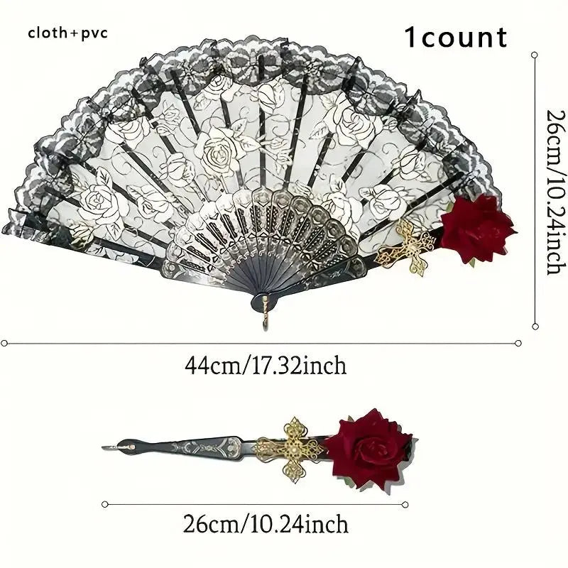Gothic Lace Folding Hand Fan with Rose