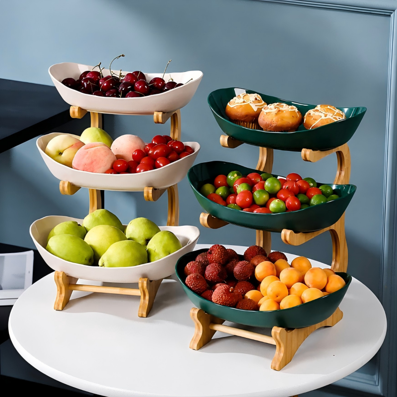 2/3-Tier Bamboo Fruit & Snack Stand with PP Trays