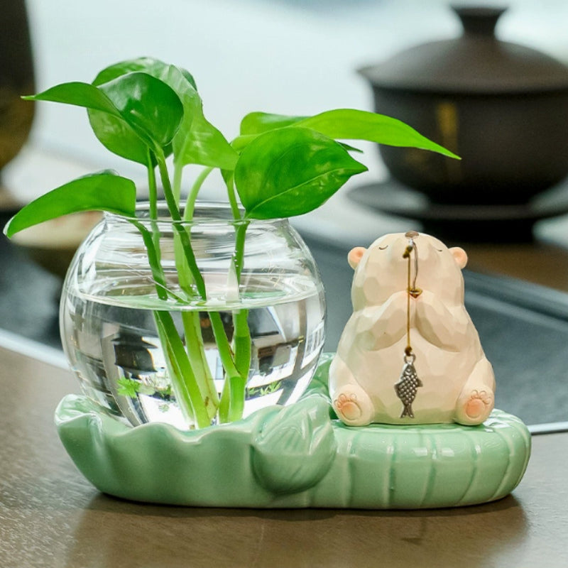 Cute Ceramic Hydroponic Planter with Fishing Animal Figurine
