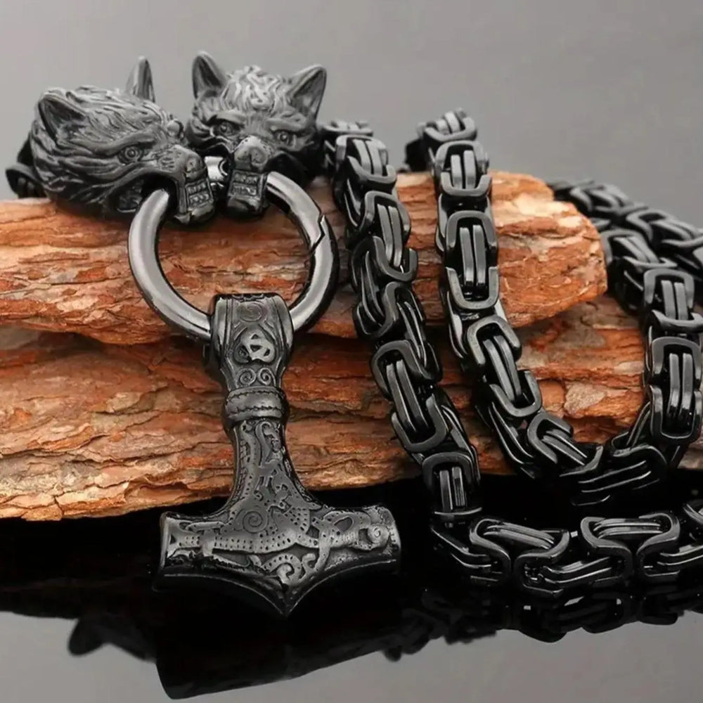 Viking Wolf Head Mjölnir Pendant Necklace – Stainless Steel Chain
