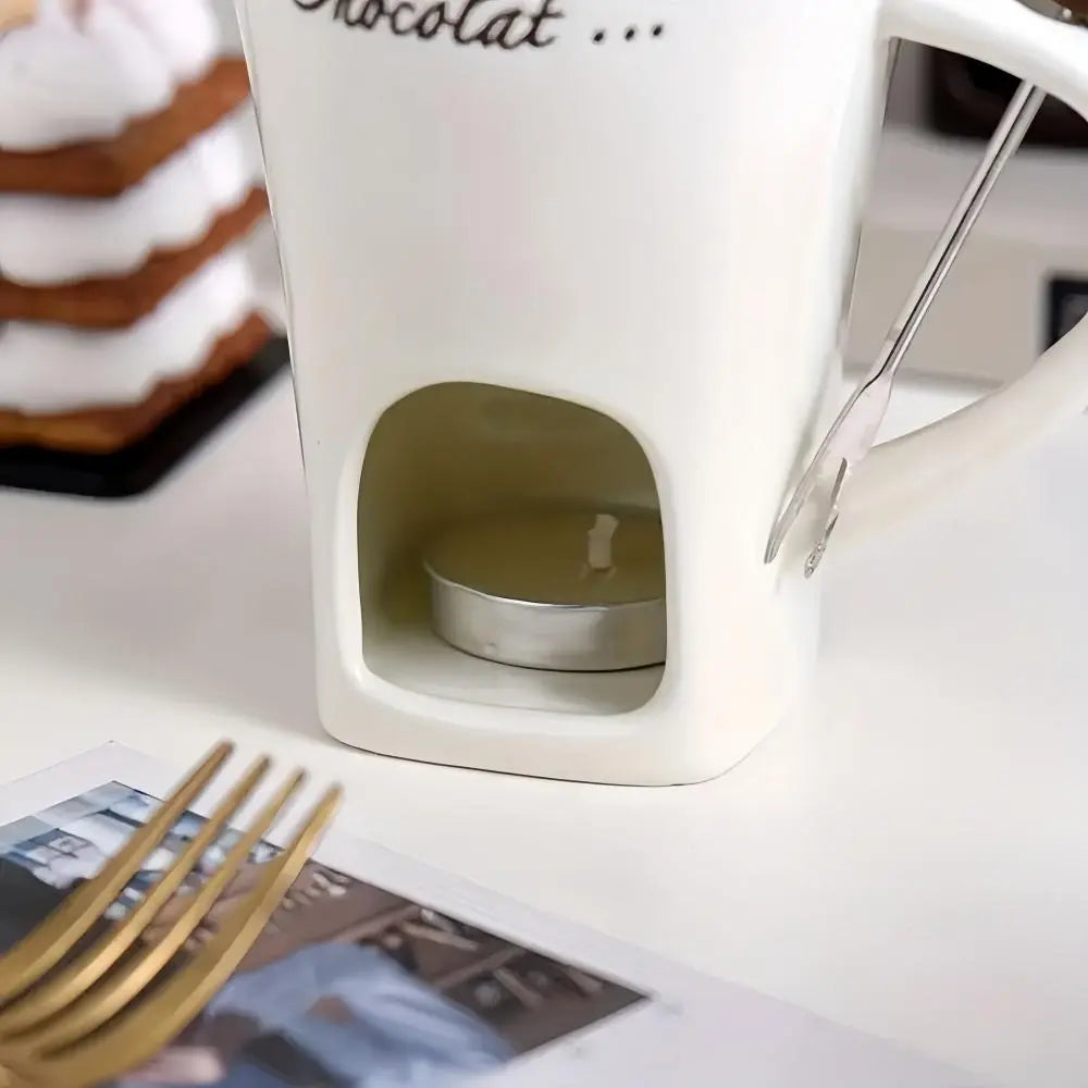Ceramic Chocolate Warming Mug with Fork – Candle-Heated Dessert Cup