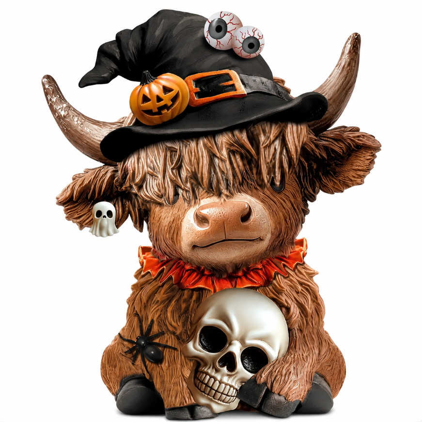 Halloween Highland Cow Figurine – Cute Spooky Fall Decor