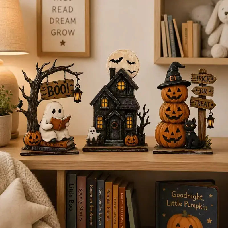 3-Piece Halloween Tabletop Decor Set – Ghost, Haunted House & Pumpkins