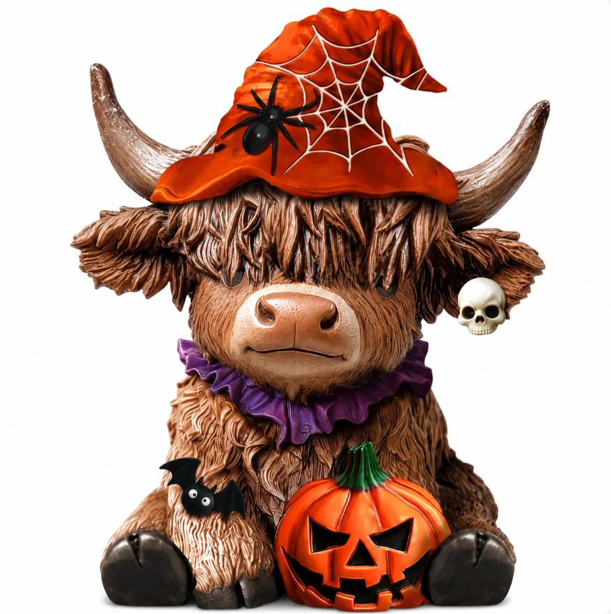 Halloween Highland Cow Figurine – Cute Spooky Fall Decor