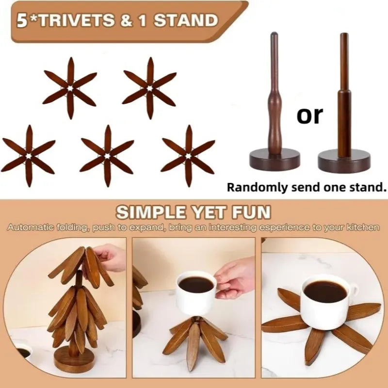 Foldable Walnut Wood Trivet Set