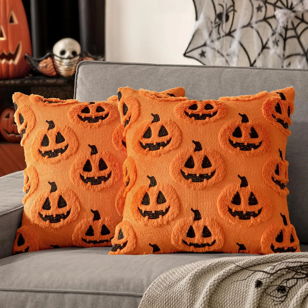 Embroidered Pumpkin Halloween Pillow