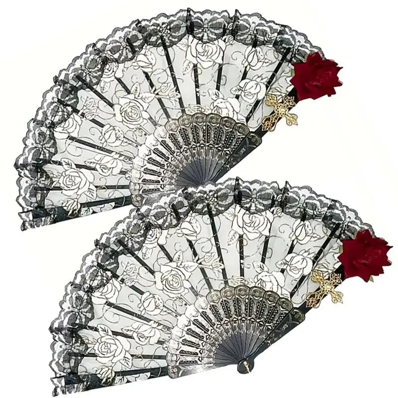 Gothic Lace Folding Hand Fan with Rose