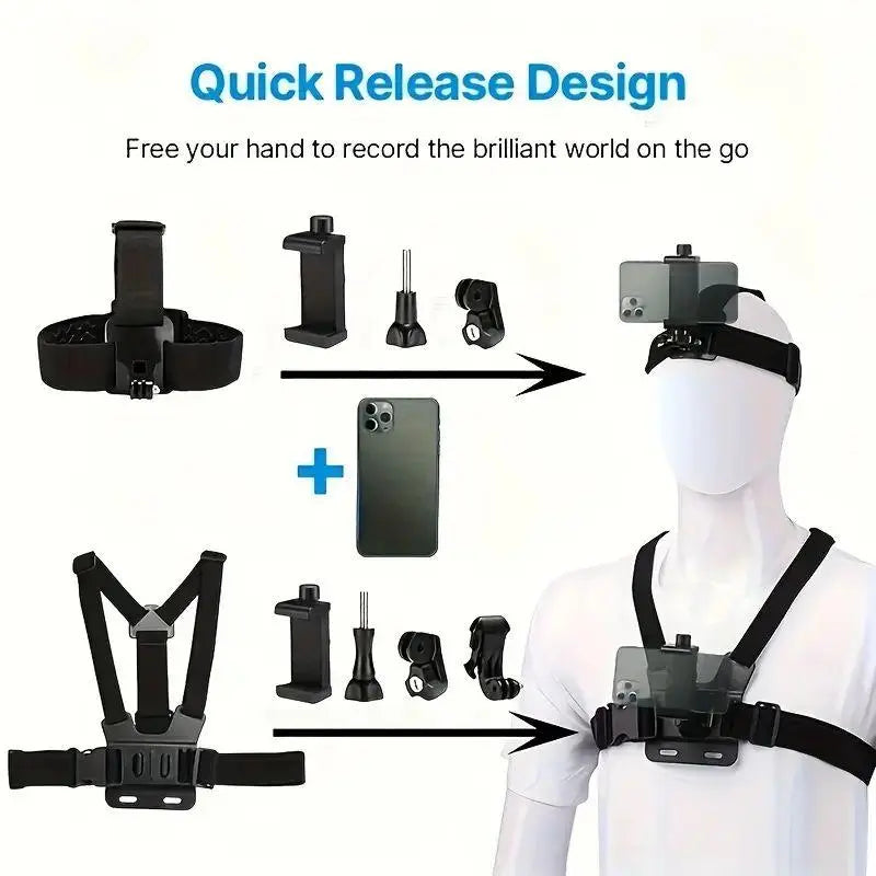 6-Piece Action Camera & Phone Mount Kit – Head & Chest Strap