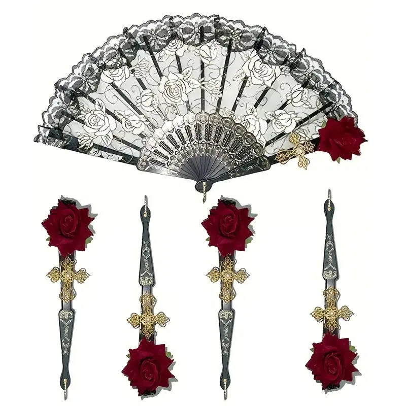 Gothic Lace Folding Hand Fan with Rose