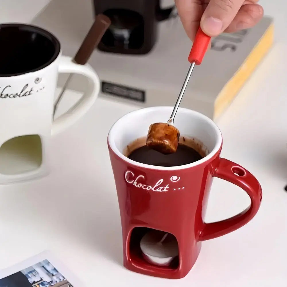 Ceramic Chocolate Warming Mug with Fork – Candle-Heated Dessert Cup