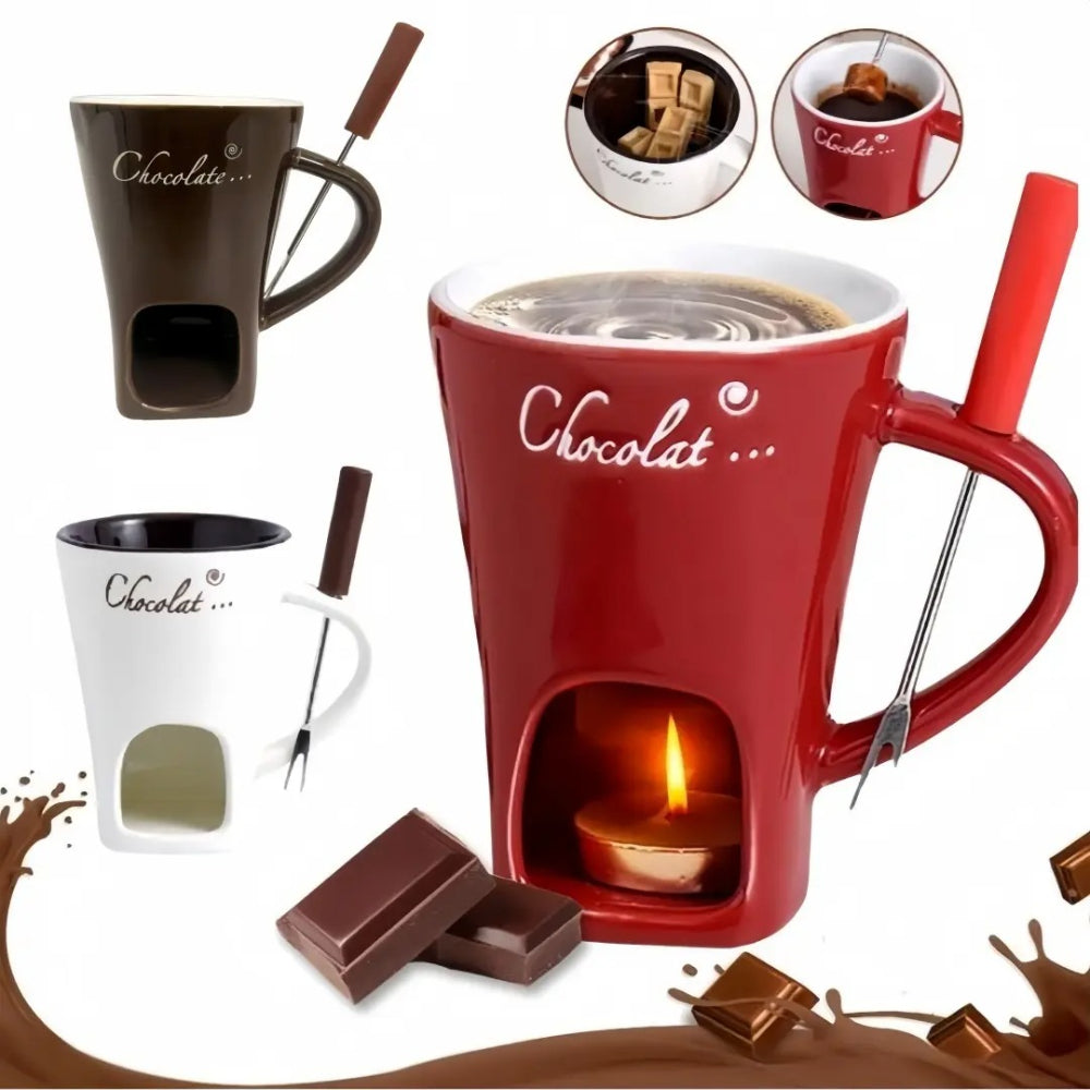 Ceramic Chocolate Warming Mug with Fork – Candle-Heated Dessert Cup