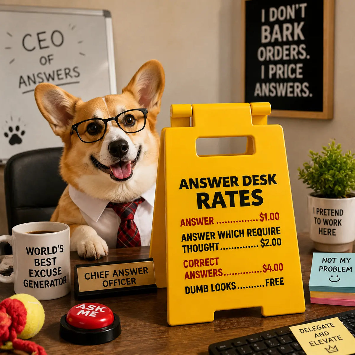 Funny Answer Desk Rates Sign – Office Desk Gag Gift