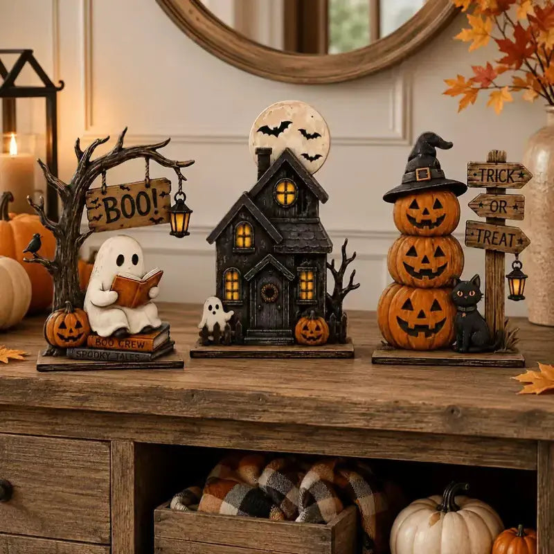 3-Piece Halloween Tabletop Decor Set – Ghost, Haunted House & Pumpkins