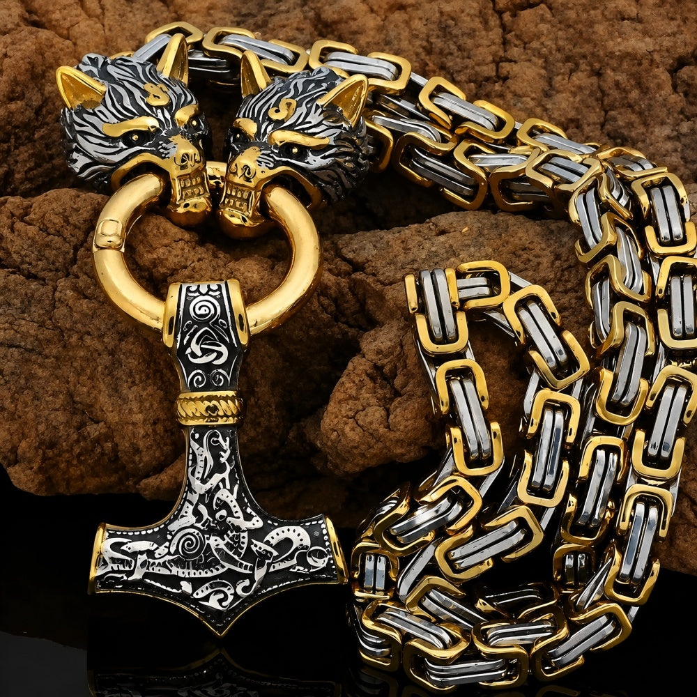 Viking Wolf Head Mjölnir Pendant Necklace – Stainless Steel Chain