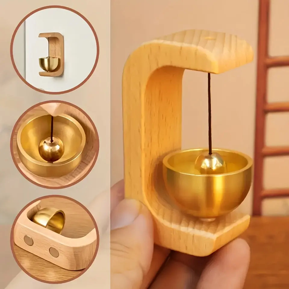 Wooden Magnetic Door Chime – Mini Brass Bell Hanging Decor