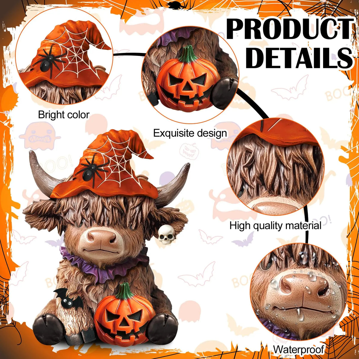 Halloween Highland Cow Figurine – Cute Spooky Fall Decor