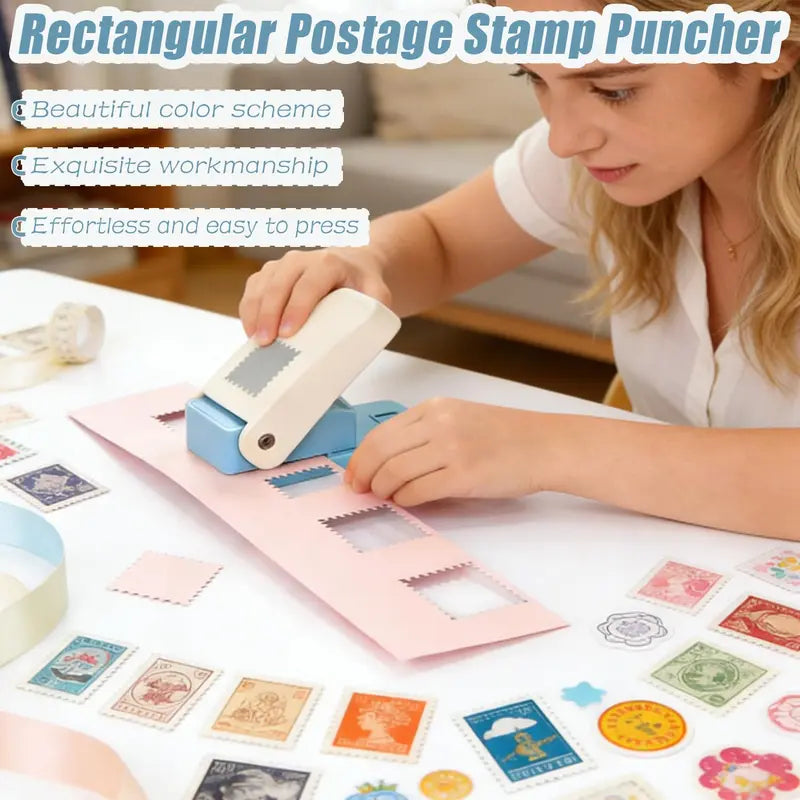 Postage stamp punch in use for paper crafting