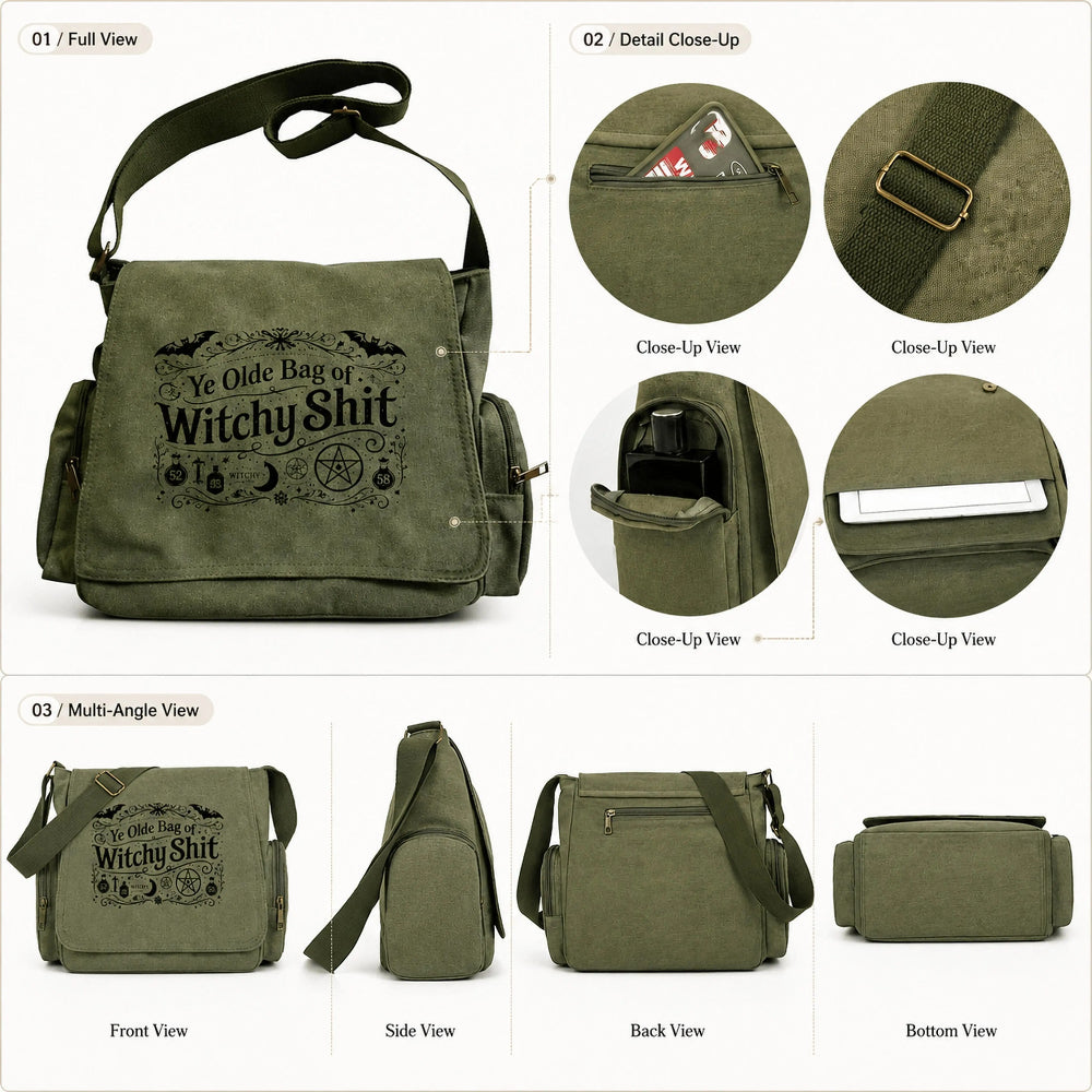 Vintage Witchy Canvas Crossbody Bag – Large Capacity