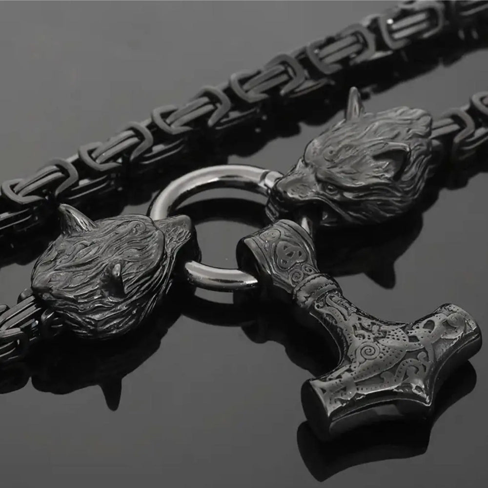 Viking Wolf Head Mjölnir Pendant Necklace – Stainless Steel Chain