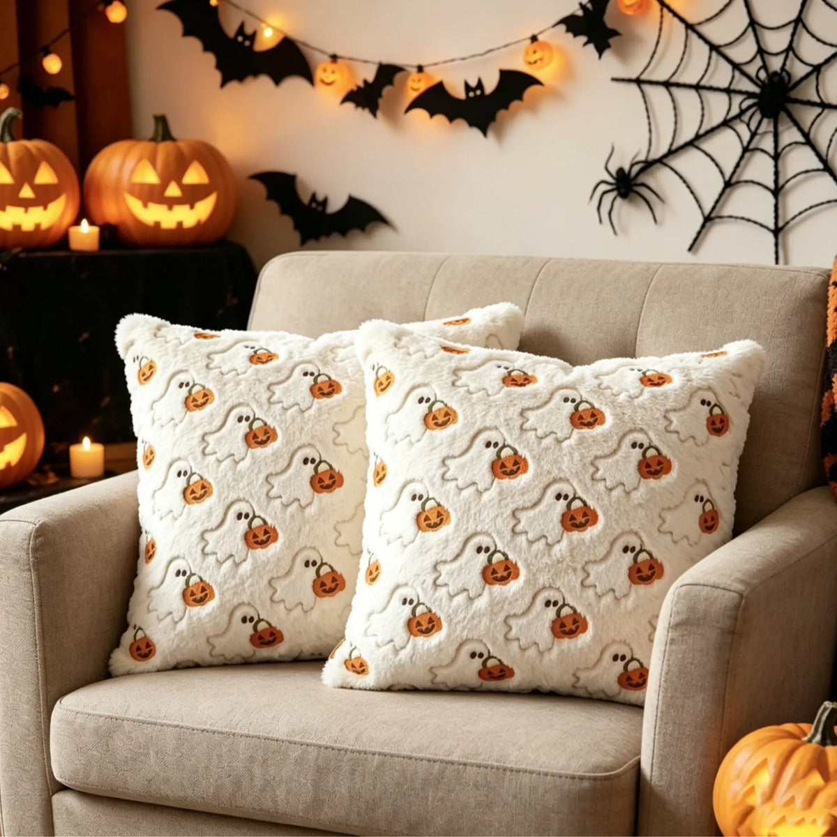 Embroidered Pumpkin Halloween Pillow
