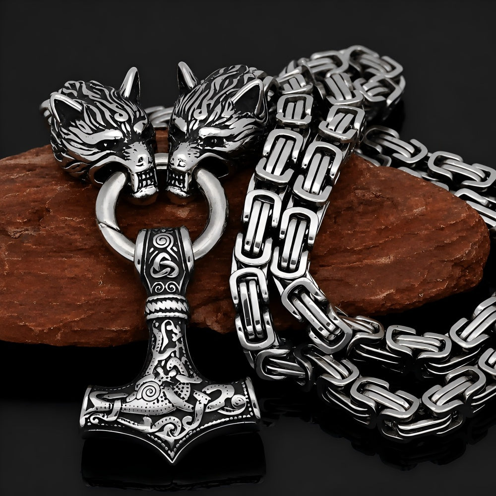 Viking Wolf Head Mjölnir Pendant Necklace – Stainless Steel Chain