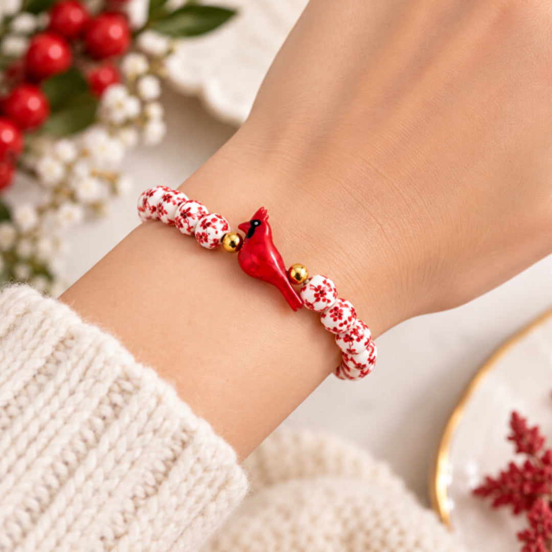 Red Cardinal Bird Beaded Bracelet – Porcelain Stretch Jewelry