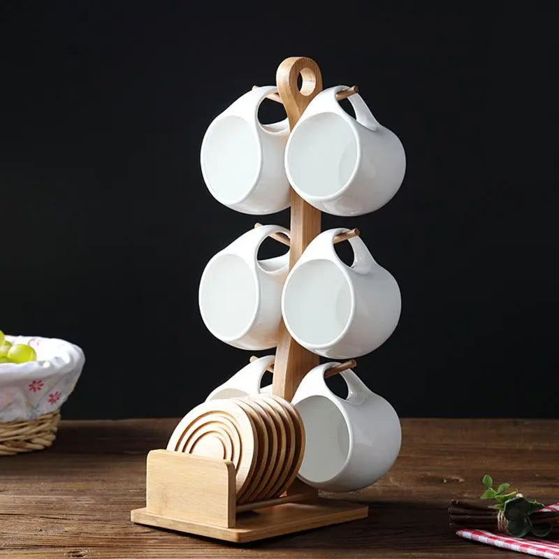 Ceramic Coffee Cup Set with Wooden Stand & Coasters