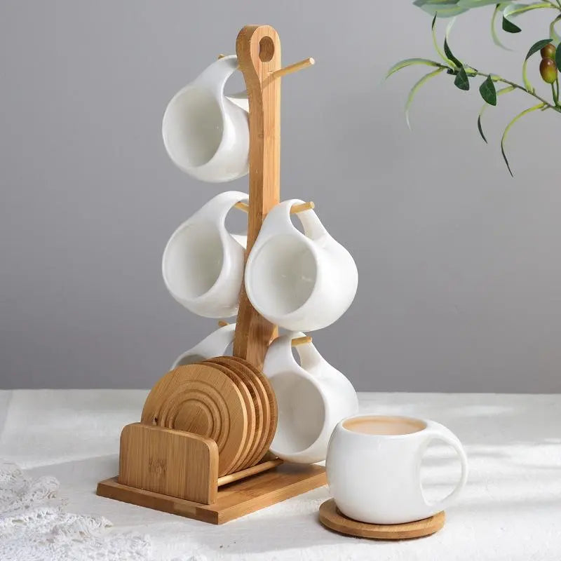 Ceramic Coffee Cup Set with Wooden Stand & Coasters