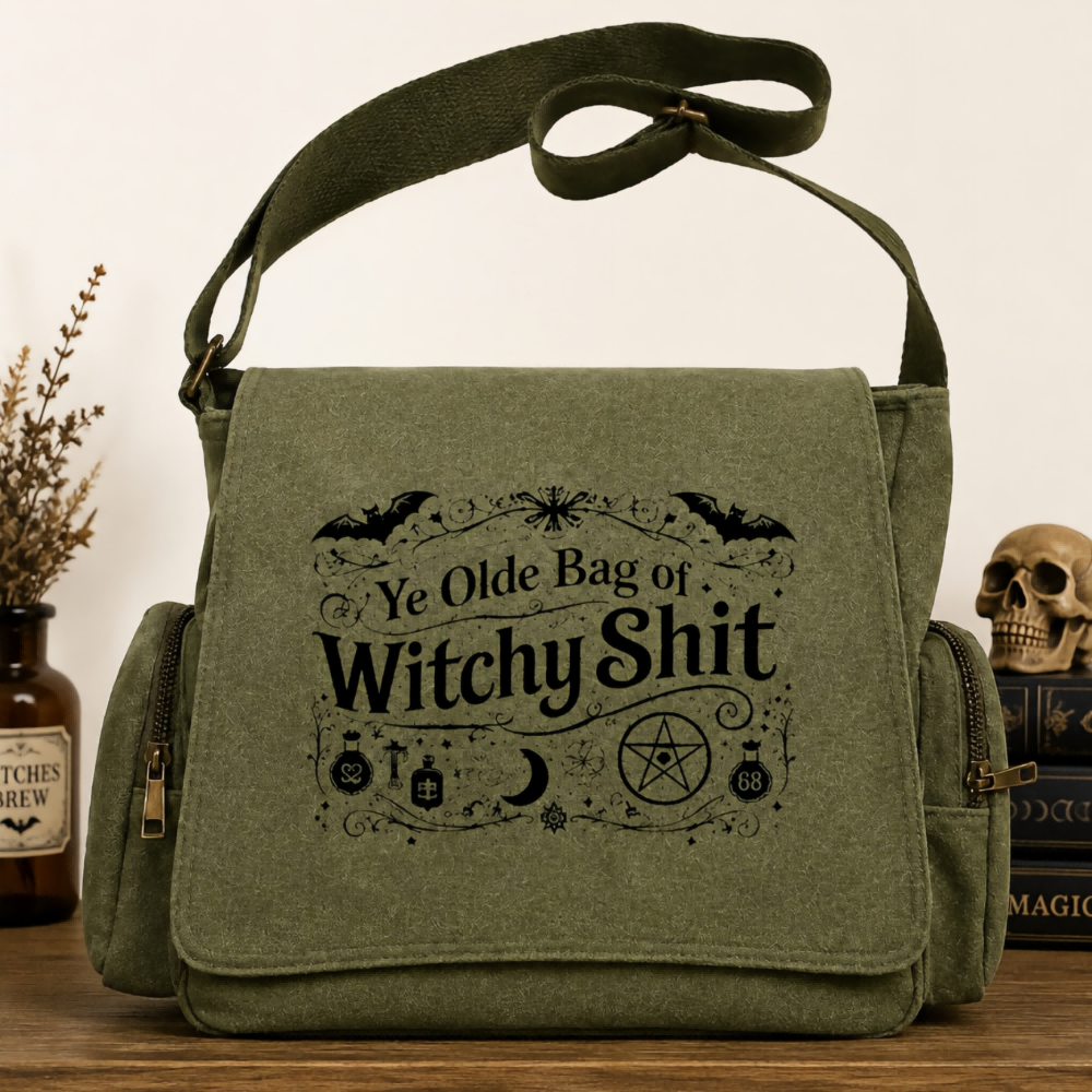 Vintage Witchy Canvas Crossbody Bag – Large Capacity