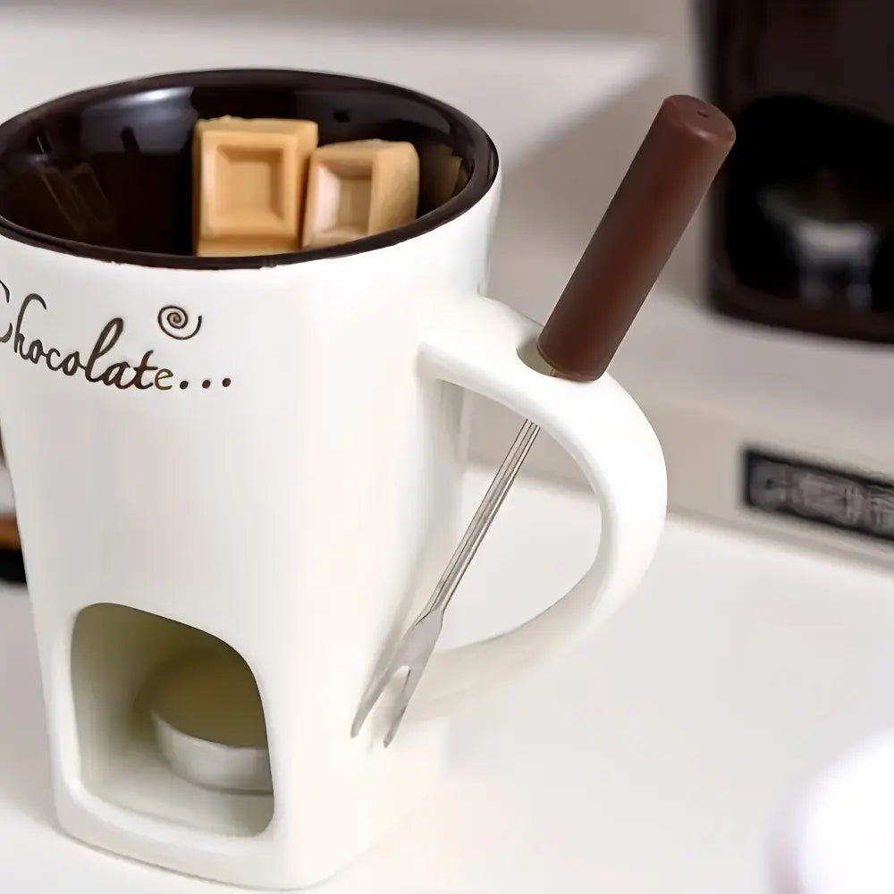 Ceramic Chocolate Warming Mug with Fork – Candle-Heated Dessert Cup